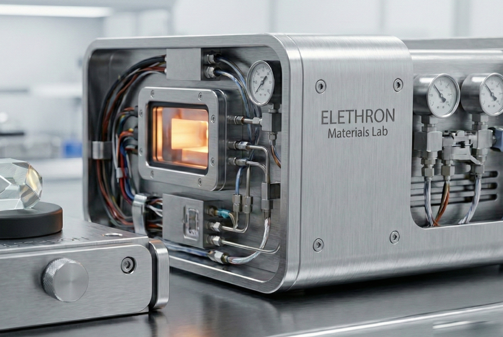 Elethron Materials Lab — a brushed-steel microgravity materials-processing unit with a glowing high-temperature processing chamber and a grown crystal alongside.